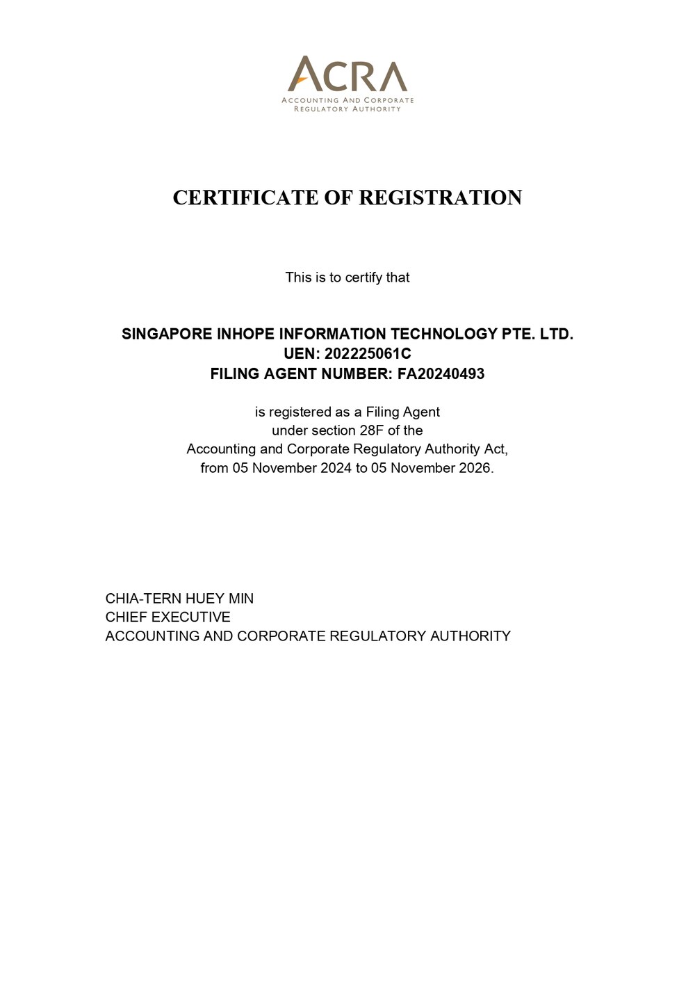 Singapore Inhope Information Technology Pte. Ltd. ACRA Filing Agent Certificate
