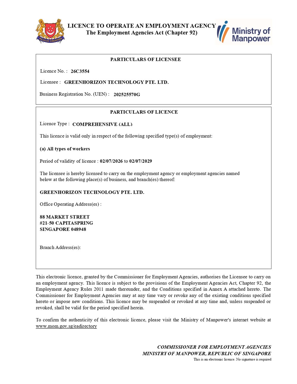 Greenhorizon Technology Pte. Ltd. MOM Employment Agency Licence